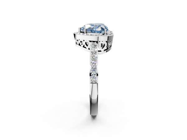White gold Fancy Blue Heart  Halo Diamond Pavé Band Ring with Prong Setting