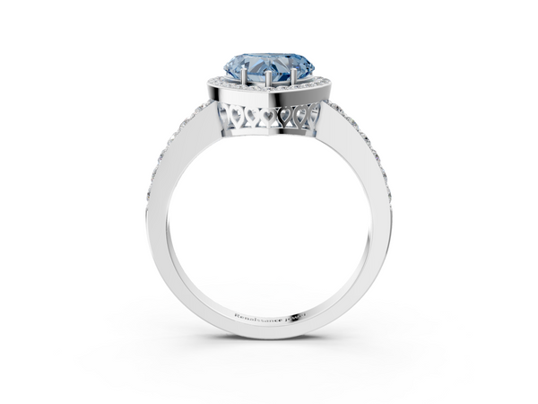 Platinum Fancy Blue Heart  Halo Diamond Pavé Band Ring with Prong Setting