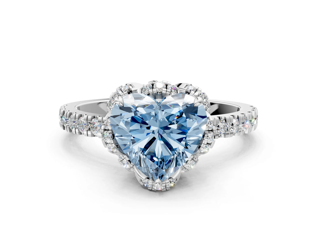 White gold Fancy Blue Heart  Halo Diamond Pave Band Ring with Four-Prong Setting_15