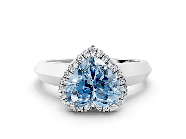 Platinum Fancy Blue Heart  Halo Diamond Ring with Cathedral Band and Four-Prong Setting