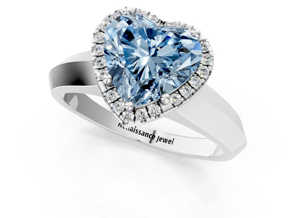 Platinum Fancy Blue Heart  Halo Diamond Ring with Cathedral Band and Four-Prong Setting