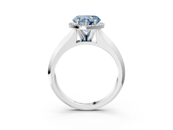Platinum Fancy Blue Heart  Halo Diamond Ring with Cathedral Band and Four-Prong Setting