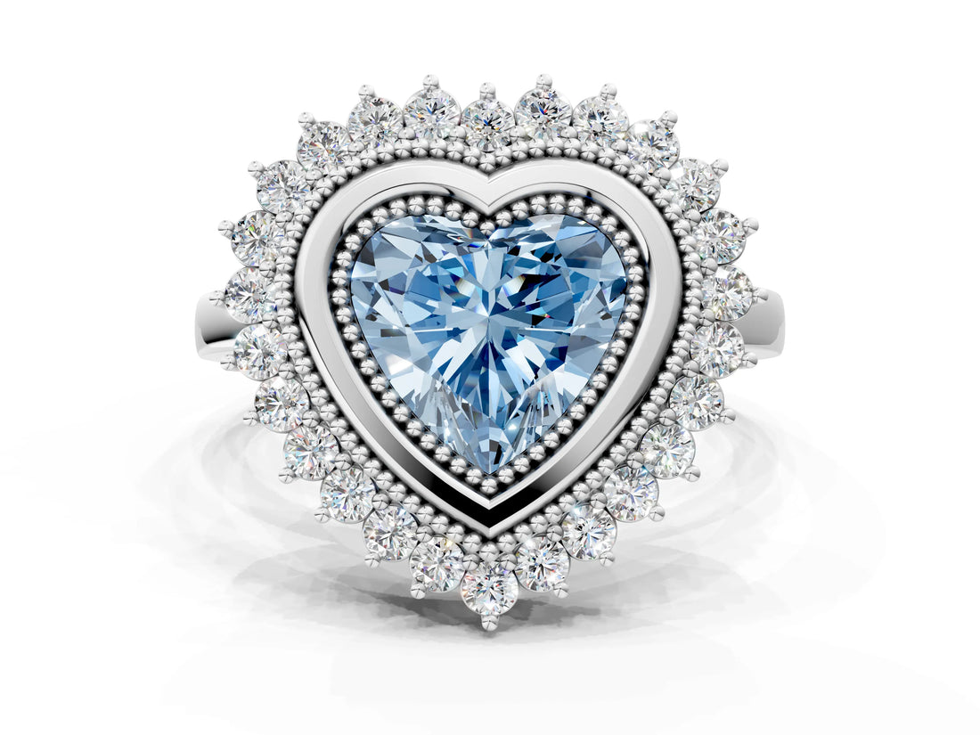 White gold Fancy Blue Heart  Halo Diamond Ring with Milgrain Edge and Round Prong Setting_37
