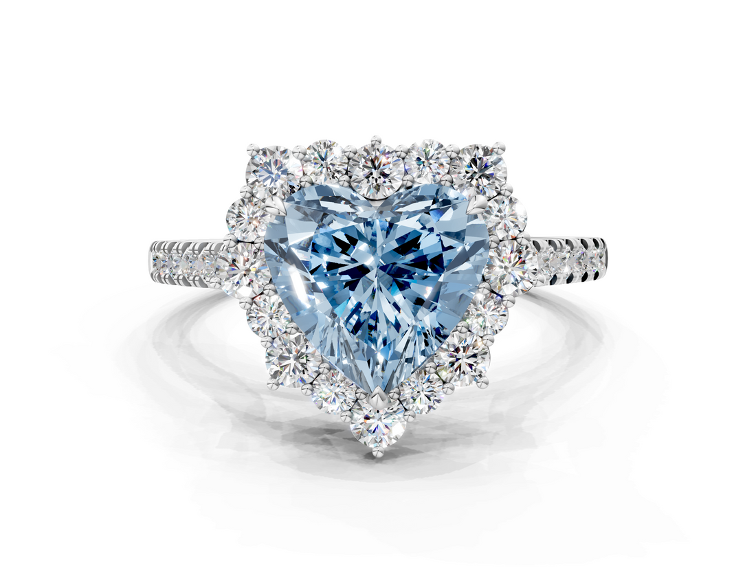 White gold Fancy Blue Heart  Halo Diamond Ring with Pavé Band and Prong Setting_55