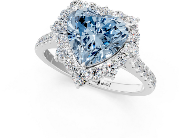 White gold Fancy Blue Heart  Halo Diamond Ring with Pavé Band and Prong Setting