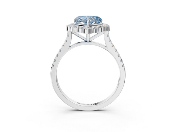 White gold Fancy Blue Heart  Halo Diamond Ring with Pavé Band and Prong Setting