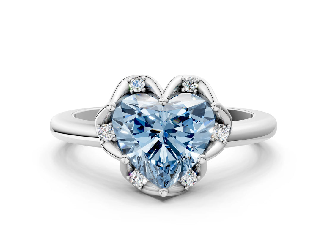White gold Fancy Blue Heart  Halo Diamond Ring with Round Cluster Setting, Solitaire Band, and Four-Prong Setting_49