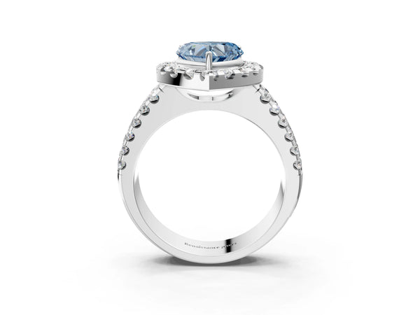 Platinum Fancy Blue Heart  Halo Diamond Split Shank Engagement Ring with Prong Setting