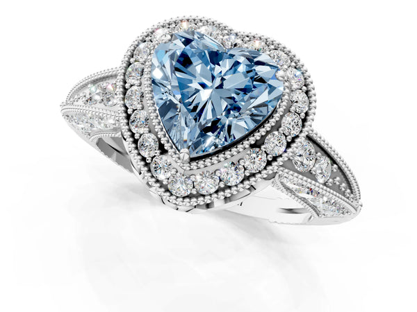 Platinum Fancy Blue Heart  Halo Diamond Split Shank Ring with Milgrain Detail