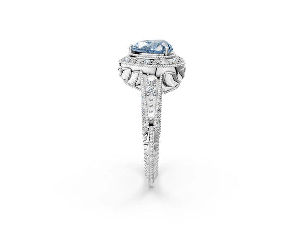 Platinum Fancy Blue Heart  Halo Diamond Split Shank Ring with Milgrain Detail