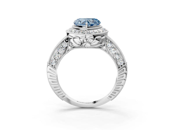 Platinum Fancy Blue Heart  Halo Diamond Split Shank Ring with Milgrain Detail
