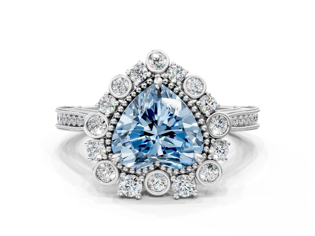 White gold Fancy Blue Heart  Halo Milgrain Pave Diamond Ring with Four-Prong Setting