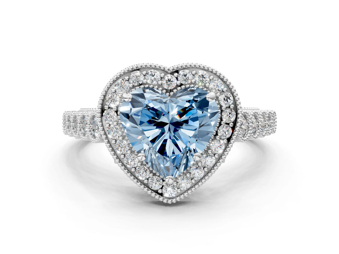 White gold Fancy Blue Heart  Halo Milgrain Solitaire with Bezel Set Side Stones and Pave Band_32