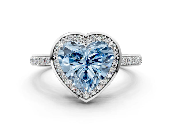 White gold Fancy Blue Heart  Halo Pave Band Solitaire Ring with Prong Setting