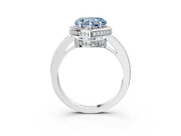 White gold Fancy Blue Heart  Halo Pave Band Solitaire Ring with Prong Setting