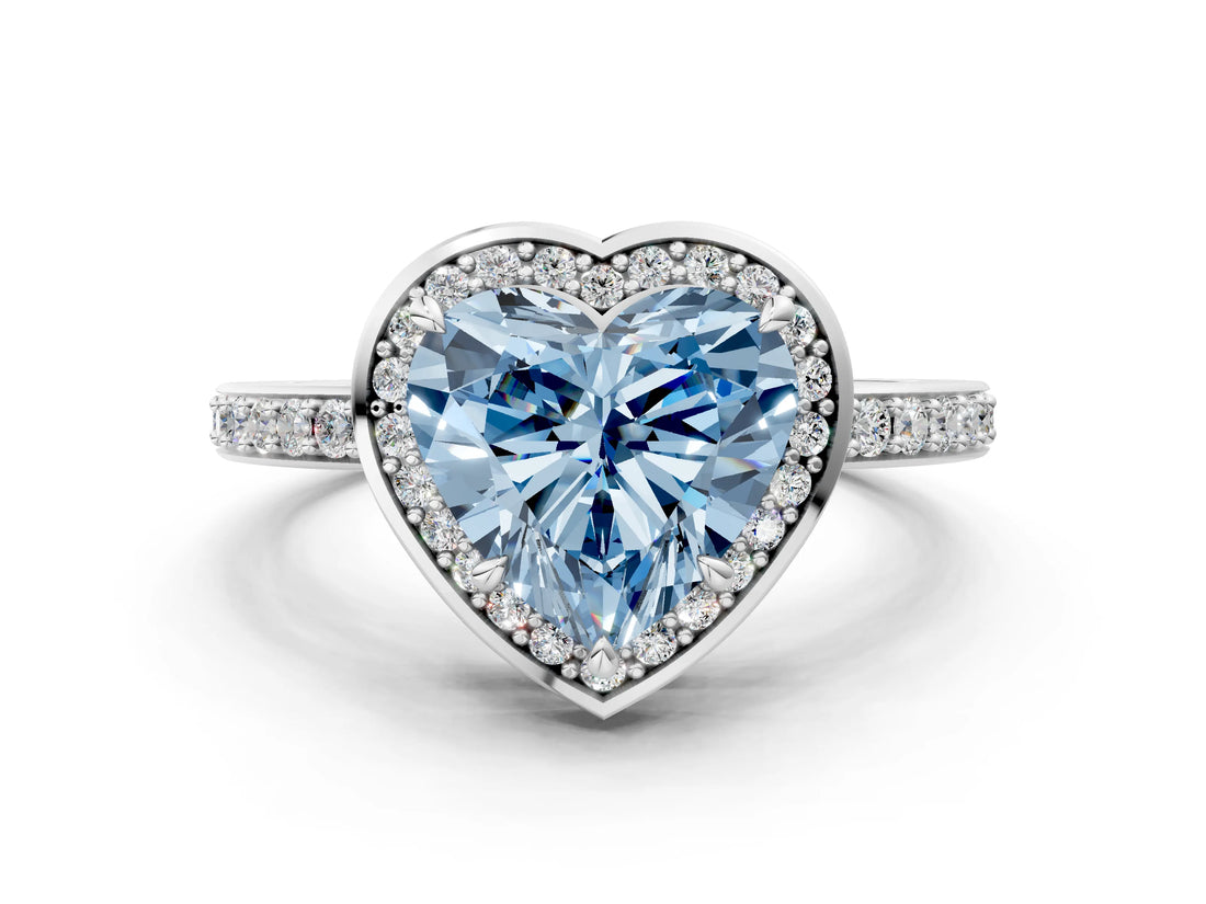 White gold Fancy Blue Heart  Halo Pave Band Solitaire Ring with Prong Setting_90