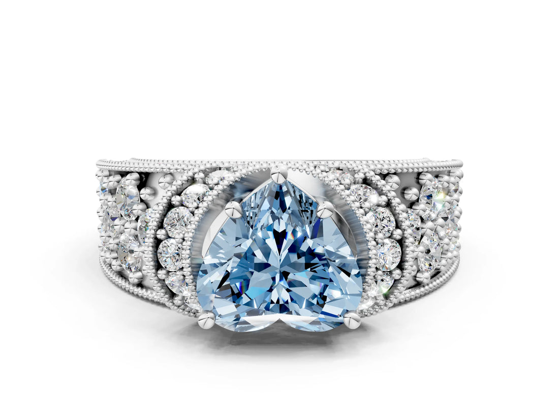 White gold Fancy Blue Heart  Halo Pave Diamond Engagement Ring with Milgrain Detailing_49