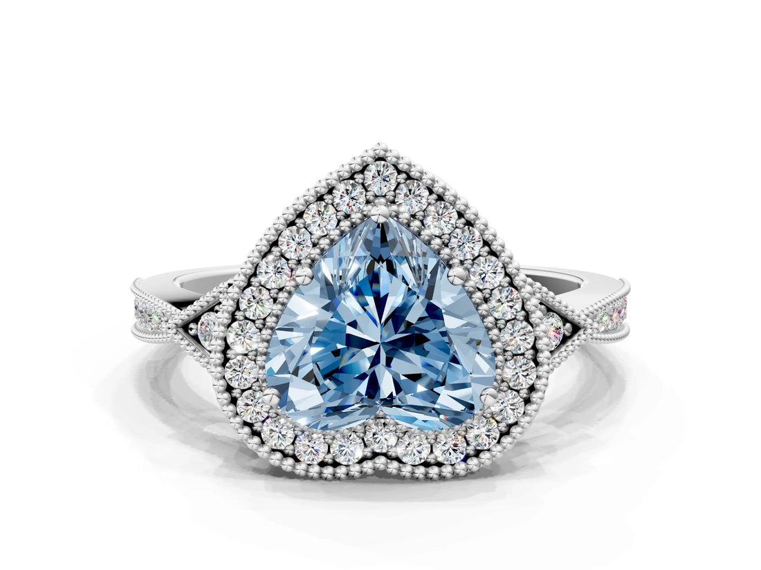 White gold Fancy Blue Heart  Halo Round Diamond Milgrain Pave Engagement Ring_3