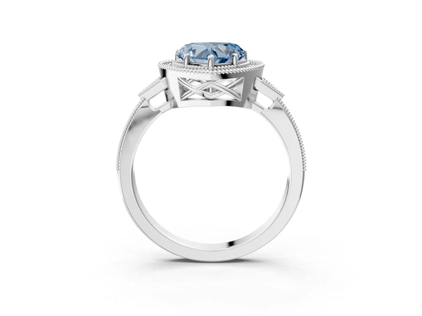 White gold Fancy Blue Heart  Halo Round Diamond Milgrain Pave Engagement Ring