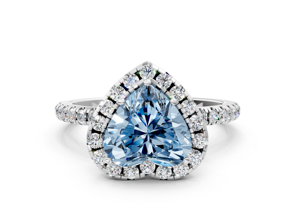 Platinum Fancy Blue Heart  Halo Round Diamond Pavé Band Four-Prong Ring