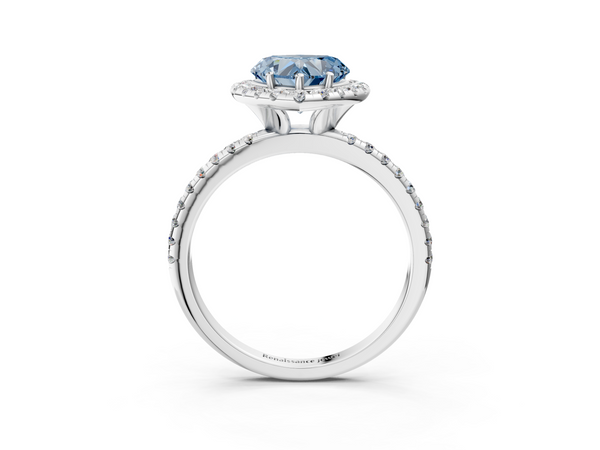 Platinum Fancy Blue Heart  Halo Round Diamond Pavé Band Four-Prong Ring