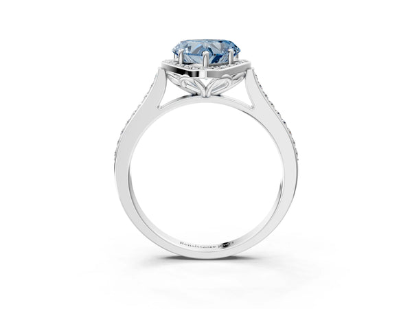 White gold Fancy Blue Heart  Halo Round Diamond Pave Band with Four-Prong Setting