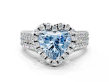 White gold Fancy Blue Heart  Halo Round Diamond Pave Band with Prong Setting