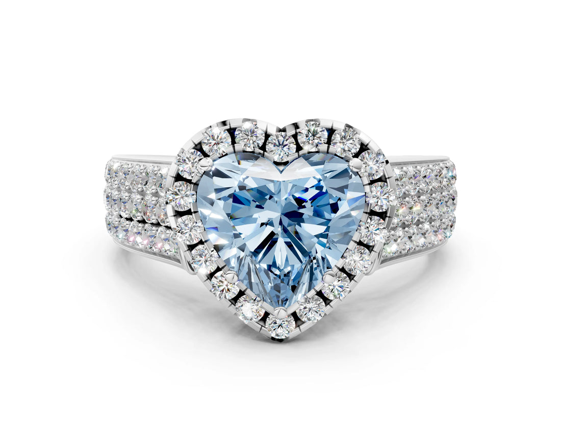 White gold Fancy Blue Heart  Halo Round Diamond Pave Band with Prong Setting_24