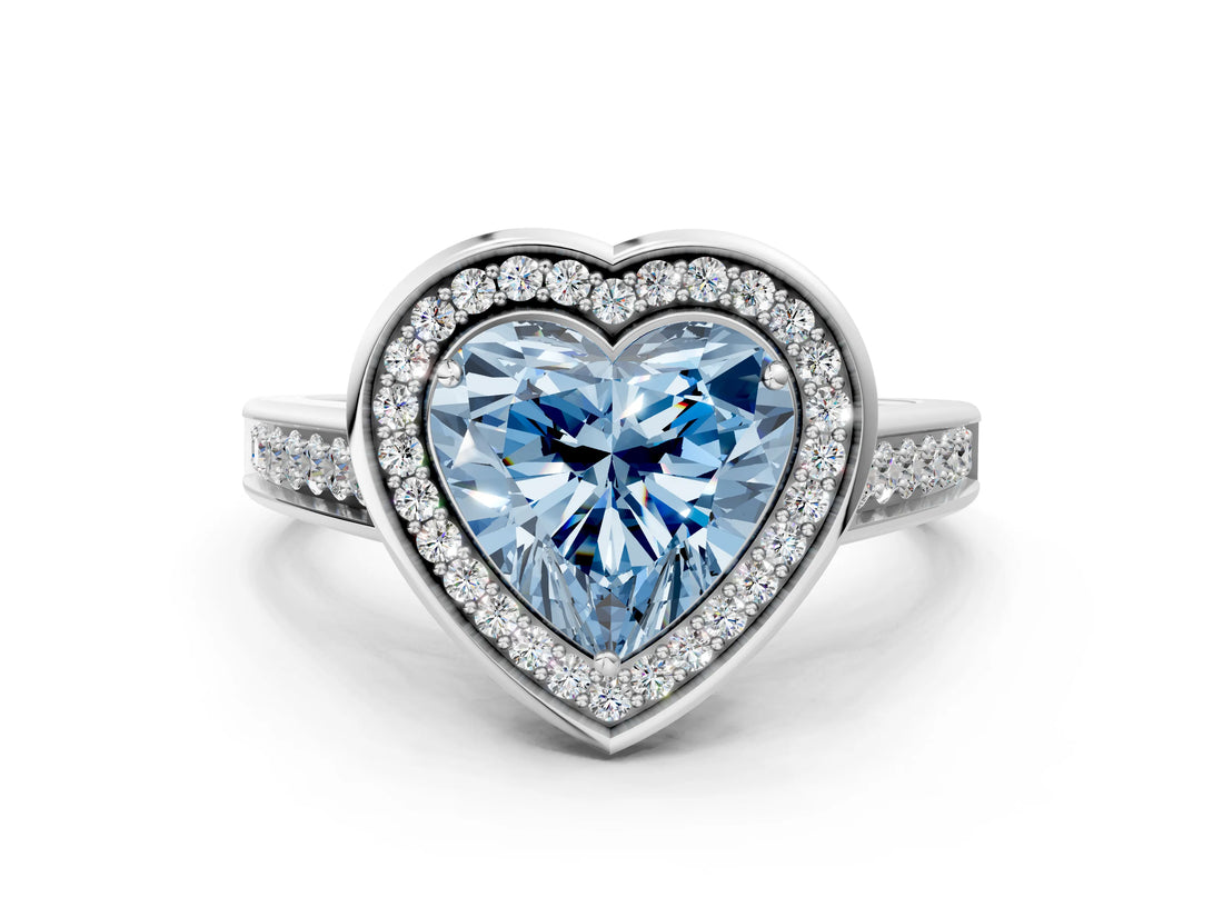 White gold Fancy Blue Heart  Halo Solitaire Diamond Ring with Pave Band and Bezel Setting_49