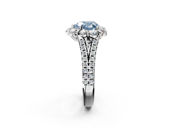 White gold Fancy Blue Heart  Halo Split Shank Diamond Engagement Ring with Pave Band and Four-Prong Setting