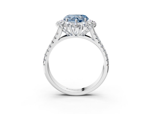 White gold Fancy Blue Heart  Halo Split Shank Diamond Engagement Ring with Pave Band and Four-Prong Setting