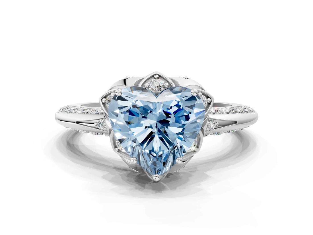 White gold Fancy Blue Heart  Halo Split Shank Pave Diamond Ring with Petal Prong Setting_30