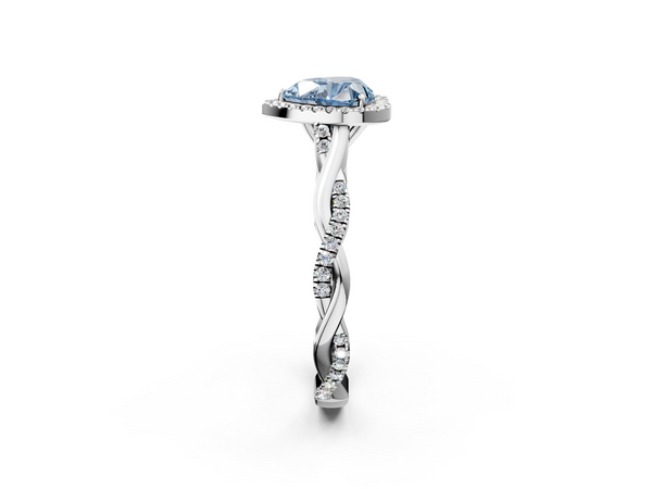 Platinum Fancy Blue Heart  Halo Twist Band Solitaire Ring