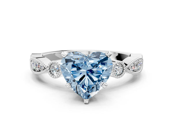 White gold Fancy Blue Heart  Milgrain Bezel Diamond Engagement Ring with Solitaire Prong Setting