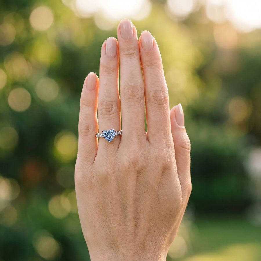 White gold Fancy Blue Heart  Milgrain Bezel Diamond Engagement Ring with Solitaire Prong Setting