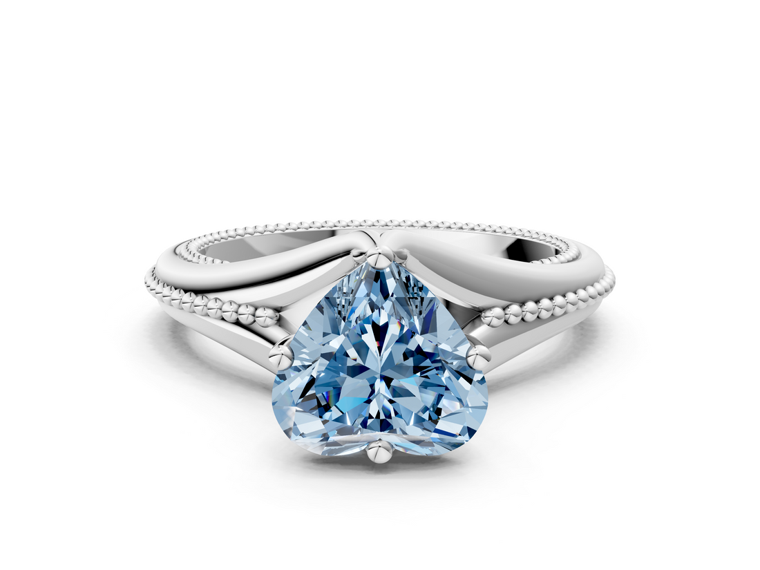 White gold Fancy Blue Heart  Solitaire Beaded Band Six-Prong Setting