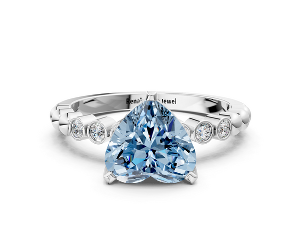White gold Fancy Blue Heart  Solitaire Bezel Accent Diamond Engagement Ring with Beaded Band and Four-Prong Setting