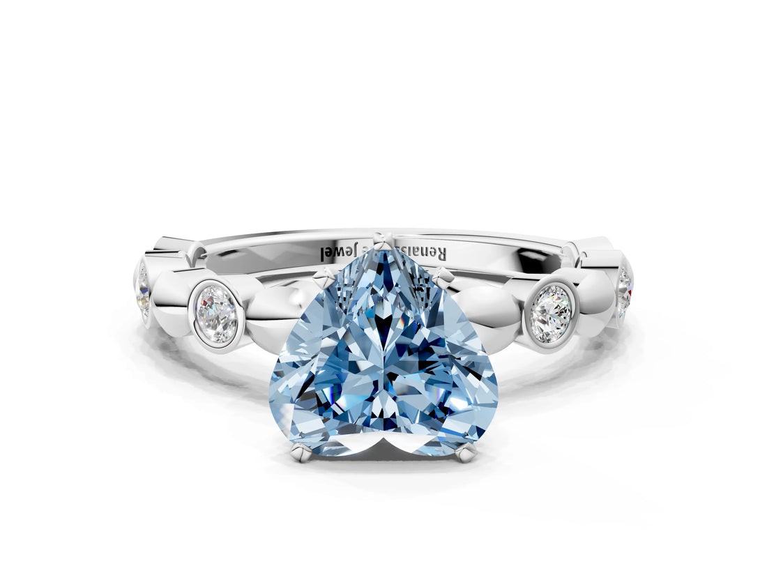White gold Fancy Blue Heart  Solitaire Bezel-Set Diamond Ring with Beaded Band and Four-Prong Setting_32