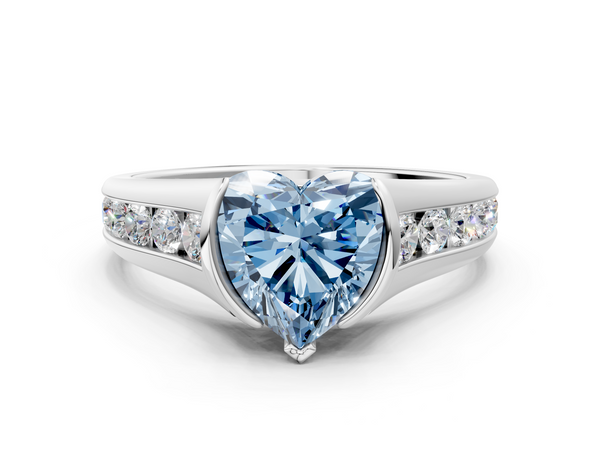 White gold Fancy Blue Heart  Solitaire Bezel-Set Diamond Ring with Channel-Set Band