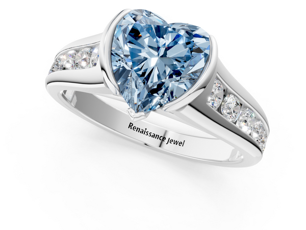 White gold Fancy Blue Heart  Solitaire Bezel-Set Diamond Ring with Channel-Set Band