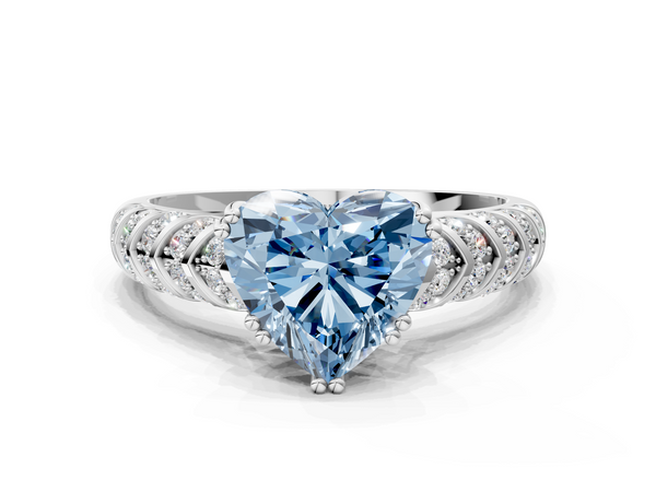 Platinum Fancy Blue Heart  Solitaire Chevron Pave Diamond Engagement Ring with Six-Prong Setting