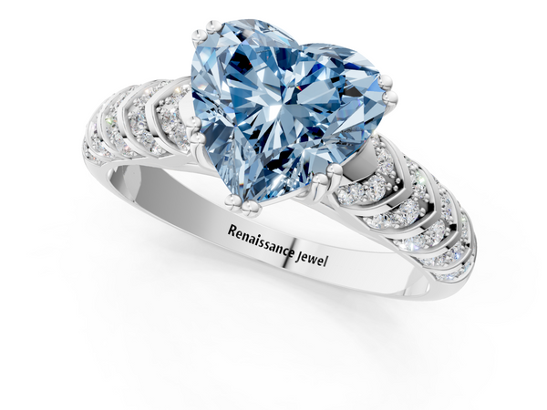 Platinum Fancy Blue Heart  Solitaire Chevron Pave Diamond Engagement Ring with Six-Prong Setting