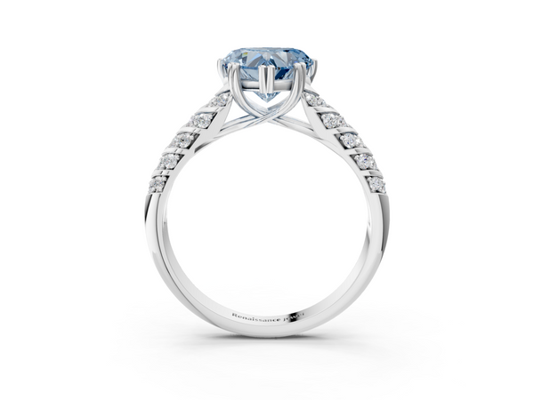 Platinum Fancy Blue Heart  Solitaire Chevron Pave Diamond Engagement Ring with Six-Prong Setting