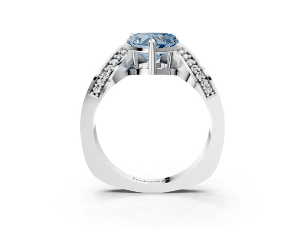 White gold Fancy Blue Heart  Solitaire Diamond Engagement Ring with Pave Band and Four-Prong Setting