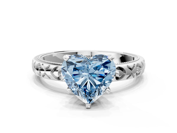 White gold Fancy Blue Heart  Solitaire Diamond Engagement Ring with XO Engraved Band and Four-Prong Setting