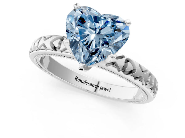 White gold Fancy Blue Heart  Solitaire Diamond Engagement Ring with XO Engraved Band and Four-Prong Setting