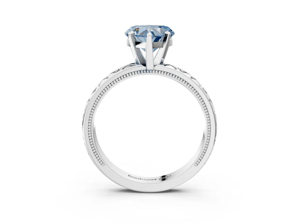 White gold Fancy Blue Heart  Solitaire Diamond Engagement Ring with XO Engraved Band and Four-Prong Setting