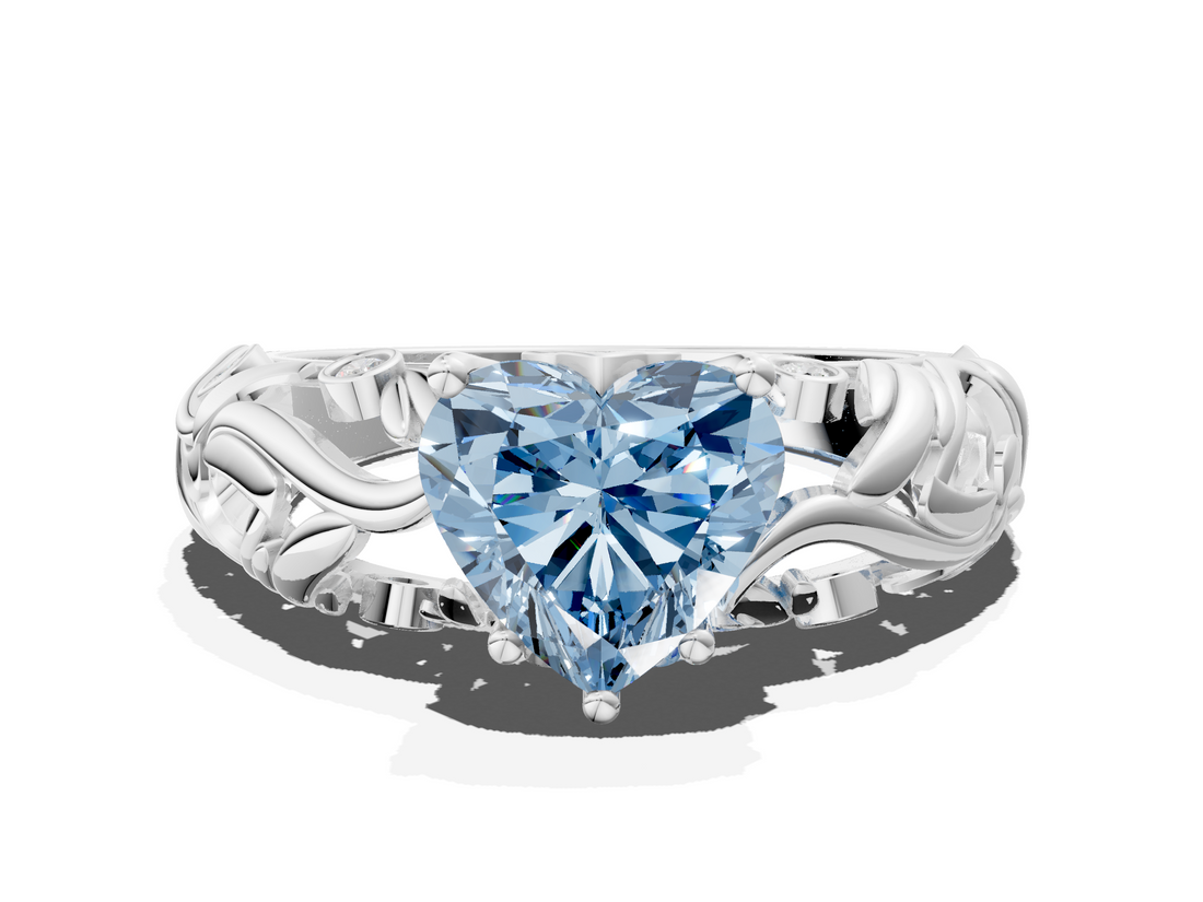 White gold Fancy Blue Heart  Solitaire Diamond Leaf Vine Band with Prong Setting_24