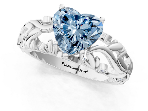 Platinum Fancy Blue Heart Cut Solitaire Diamond Leaf-Inspired Vine Band Ring with Prong Setting