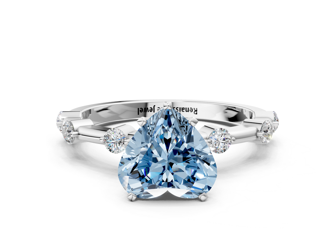 White gold Fancy Blue Heart  Solitaire Diamond Ring with Bezel Set Side Stones and Prong Setting_3